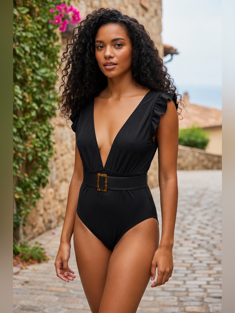 Black Deep-V One-Piece Swimsuit with Belt